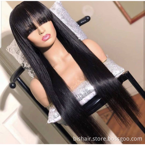 Wig with Bangs Straight Human Hair Wigs Machine Made For Black Women Brazilian fringe 30 inch wig Short natural Hair Pre Plucked
